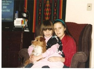 Sisters, about 9 and 4 years old, and our dog.
