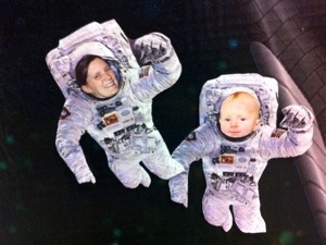 Me and the Little Guy, with our faces pasted in a picture of two astronauts in space
